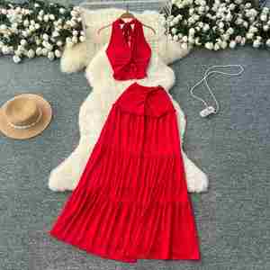 Conjunto de Verano para Mujer: Top Halter Tejido Sólido sin Espalda y Falda de Cintura Alta, Poliéster/Algodón Antiarrugas, Venta al por Mayor - Product Image 1