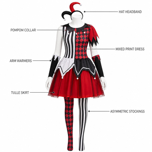 Costume de Clown Maléfique pour Halloween pour <span class=keywords><strong>Femme</strong></span>, Robe Imprimée Asymétrique 5 Pièces avec Jupe en Tulle, Chapeau, Bandeau, Manchettes et Bas - Product Image 5