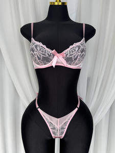 Conjunto de Lingerie Feminina Rosa Transparente com Sutiã e Calcinha de Renda com Laço e Detalhes Vazados, Estilo Teddy, com Efeito Push-up, <span class=keywords><strong>2</strong></span> Peças - Product Image 5