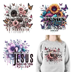 Floral español religioso Jesús Biblia <span class=keywords><strong>Amor</strong></span> Dios fe frases hierro en DTF Transferencia <span class=keywords><strong>de</strong></span> Calor pegatinas listas para presionar para sudaderas con capucha - Product Image 1