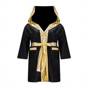HAWK SPORTS INDUSTRIES Robe de boxe à capuche pour enfant en satin polyester noir avec bordure dorée, tenue d'entraînement durable pour MMA et Muay Thai - Product Image 1