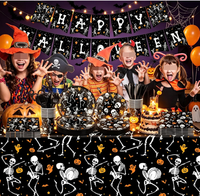 Fournitures pour Fête d'Halloween : Assiettes en papier, Gobelets, Serviettes, Nappe, Fourchettes, Couteaux, Bannières, Motifs Chauve-souris, Fantôme, Jack-o'-lantern, Crâne, Squelette