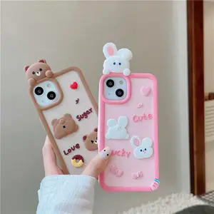 Casing ponsel silikon lembut untuk Iphone, casing ponsel silikon lembut beruang donat kartun tiga dimensi babi lucu manis untuk Iphone 14 13 12 cangkang tampilan bagus