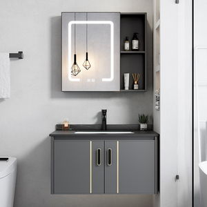 Mobile <span class=keywords><strong>Bagno</strong></span> Moderno per Hotel e Appartamenti, in Lega di Alluminio con Finitura Laccata, Lavabo Integrato in Ceramica, Armadietti Quadrati Intelligenti - Product Image 2