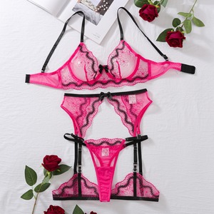 Nouveautés : Ensemble de Lingerie Sexy 4 Pièces en Dentelle Transparente Brodé avec Porte-Jarretelles - Product Image 6