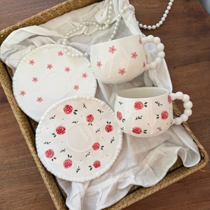 Ensemble tasse à café et soucoupe en céramique à bord perlé motif fleur française, créatif, pour <span class=keywords><strong>le</strong></span> thé de l'après-midi, et assiettes à gâteau - Product Image 6