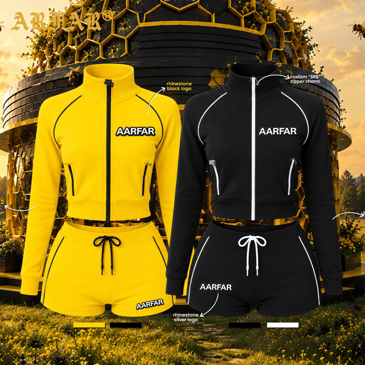 Custom Logo Stand Collar Contrast Piping Zip Pocket Crop Jacket Booty Shorts Women 2 Piece Activewear Set for Streetwear