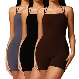 DLT8751Women Workout Seamless Jumpsuit Yoga Ribbed Bodycon 1 Piece Spaghetti Strap Shorts Romper
