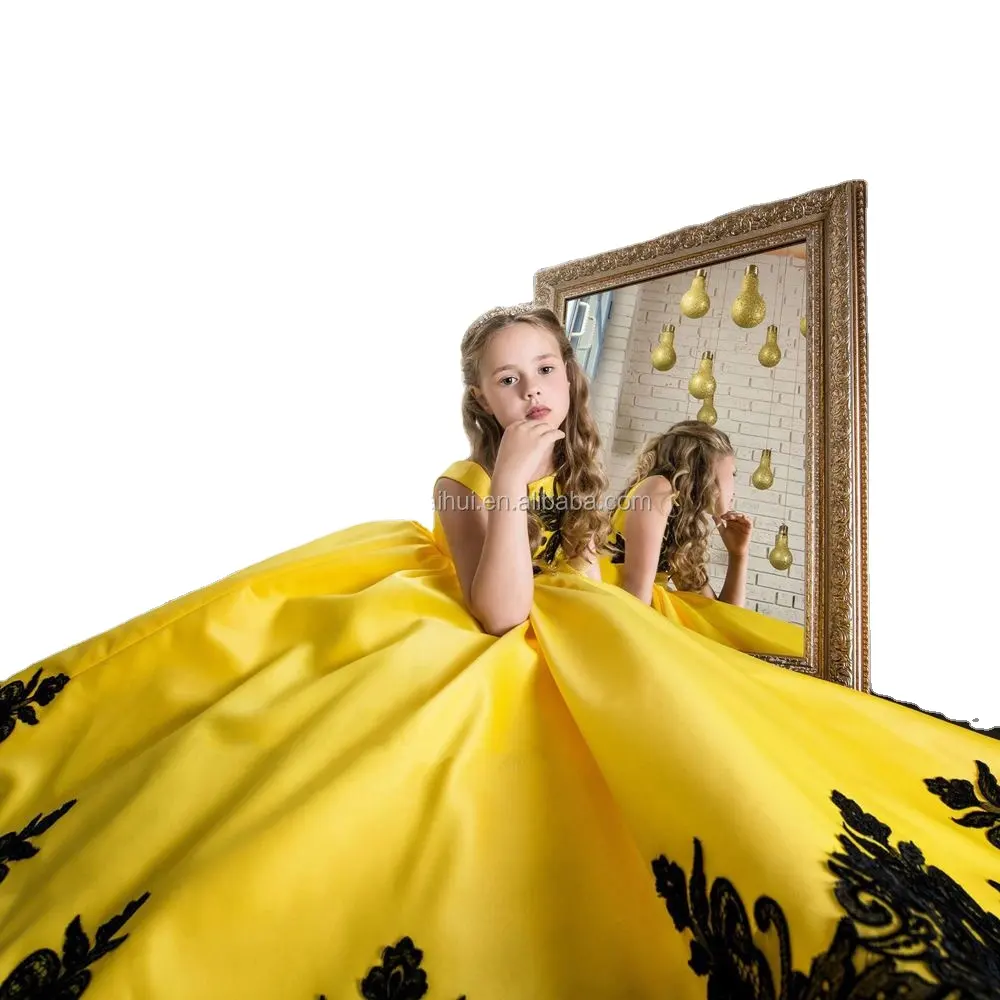 Детское платье с вышивкой, желтое платье в пол с круглым вырезом для девочек 10 лет