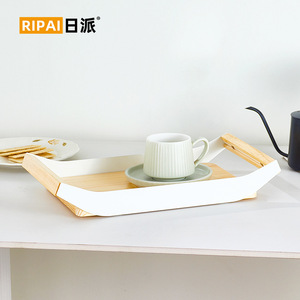 Bandeja rectangular de madera maciza con asas, blanca, tamaño pequeño, tamaño grande, para servir café, té, uso doméstico - Product Image 3