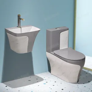 China Leverancier Custom Wc Toiletten Set Muur Gehangen Wastafel Keramisch Sanitair Marbling Decoratie Grijs Gekleurde Wastafel Wc