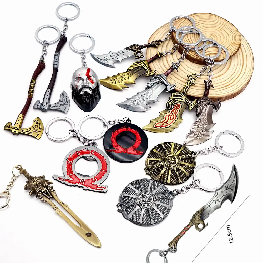 Game God of War Keychain Kratos 3D Head Key Chain Metal Ax Shield Weapon Pendant Key Holder