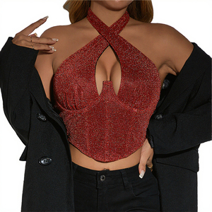 Nouveau à la mode décontracté haut Sexy chaud épicé bouton up arête de poisson dos nu court croix suspendu printemps arc acier anneau Slim Fit - Product Image 2