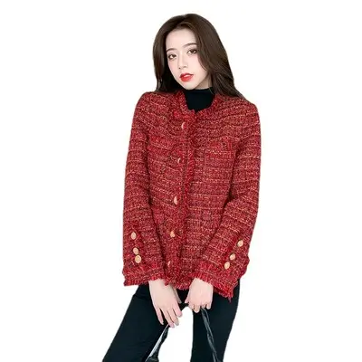 南昌Auyanファッションクリスマスレッドスウィートジャケットコート女性2021秋冬フレンチツイードショートコート