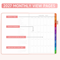 Agenda 2027 A5 en cuir rigide avec motif floral papillon gaufré, haute qualité, écriture facile, bande élastique, mensuel