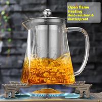 Théière moderne en verre borosilicate, utilisable sur une cuisinière, avec filtre en acier inoxydable amovible
