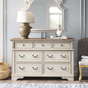 Commode en bois massif blanc vieilli sur mesure, commode à 7 tiroirs de style vintage américain, armoire de rangement pour chambre à coucher, plusieurs couleurs - Product Image 1