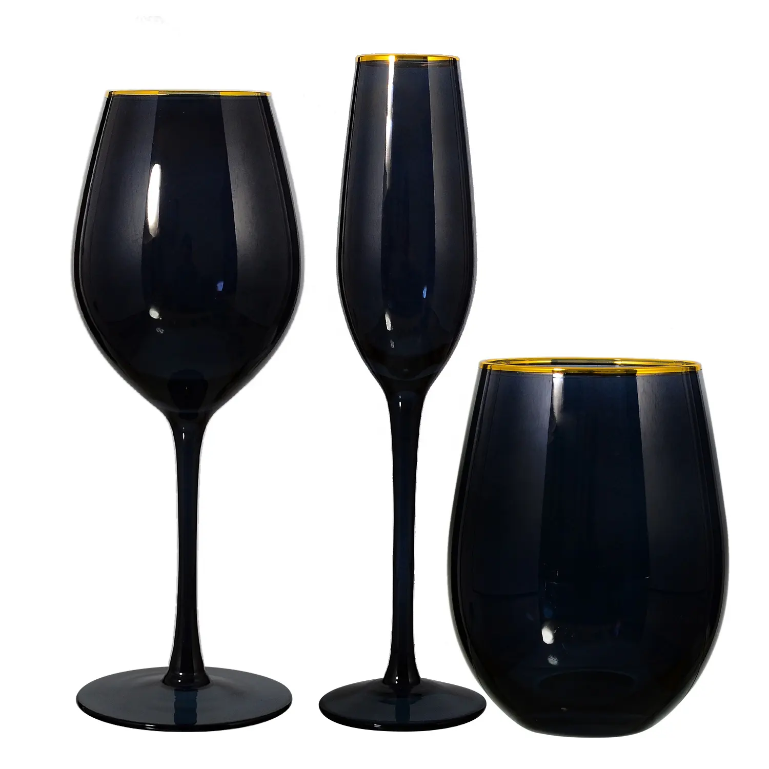 Set di bicchieri da vino in cristallo con calice in vetro nero soffiato a mano di lusso personalizzato con bordo dorato