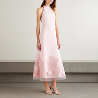 Robe Midi Formelle d'Été Rose Clair Personnalisée OEM, Sans Manches, Col Halter, Longueur Thé, Broderie Florale, Ourlet en Tulle Illusion pour Femme