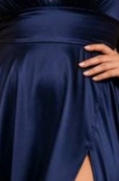 Robe de soirée longue en satin bleu marine à col en V profond et manches volantées, avec ceinture et fente haute, personnalisable, vente en gros, direct usine