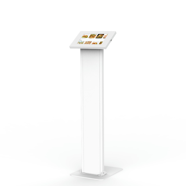 Customized Metal Adjustable Floor Standing Tablet Kiosk Self Service Checkout Waiting Stand 20lbs Load Capacity Black White