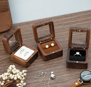 EleQueen Retro Solid Walnut Wood Engraved Magnetic Closure Velvet Lining Mini Square Jewelry <b>Gift</b> <b>Box</b> for Wedding - Product Image 5