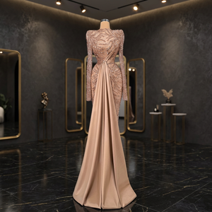 Robe de bal élégante en satin antistatique à col montant, avec dentelle et cristaux, longueur cheville, manches classiques, motif, pour soirées formelles - Product Image 3
