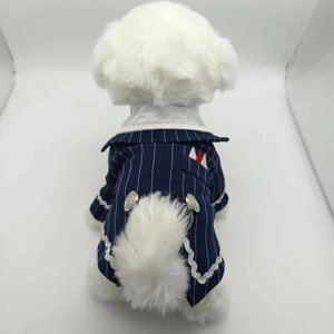 Costume rayé bleu marine en polyester pour animaux de compagnie, smoking avec nœud papillon rouge pour chats et chiens, robe de mariage deux pièces, style classique - Product Image 5