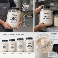 Grand récipient en PET pour protéines en poudre, pot en plastique à large ouverture avec couvercle pour suppléments sportifs, emballage en vrac, vente en gros