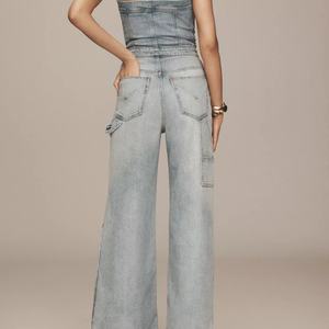 Combinaison en jean pour femme, style 'Hot Girl', délavée, sans bretelles, coupe ample à jambes larges, idéale pour les soirées - Product Image 2