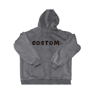 Unisex Gray Hooded Fleece Sweatshirt With Rhinestone <b>Star</b> Print Regular Fit Winter Casual Wear - Product Image 3