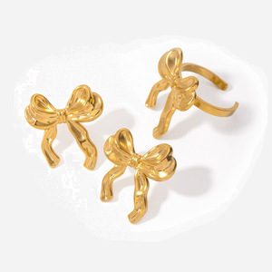 Bowknot Stud Earrings Gold Stainless Steel Fashion <b>Gift</b> Jewelry Set - Product Image 1