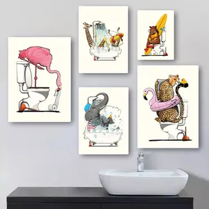 Interesting Cartoon Animal Sitting In The Toilet Canvas Painting Wall Art Poster Print Pictures Home Decor Animal Paintings