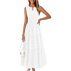 Robe midi blanche sans manches à col en V, coupe trapèze, avec ourlet plissé superposé, décontractée, en mousseline tissée, coupe ample, pour l'été - Product Image 3