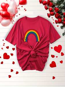 T-shirt da donna con motivo gatto arcobaleno e cuore, manica corta, girocollo, carino, primaverile, estivo, casual, stampato, in jersey di cotone 100% - Product Image 3