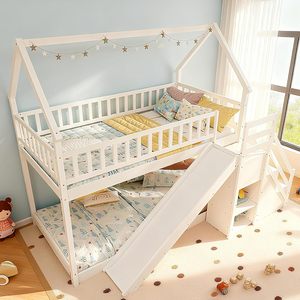 Двухъярусная кровать с горкой, лестницей для хранения, крышкой и защитным бортиком - деревянная низкая одноярусная кровать для детей, мальчиков, девочек и подростков - Product Image 1