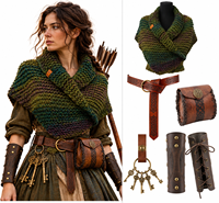 Ensemble de costume médiéval Viking Celtique, écharpe tricotée, pochette en cuir avec clés squelette, protège-bras, tenue de cosplay Renaissance