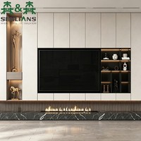 SLS Soporte de TV de Pared Completo Moderno y Minimalista con Chimenea, Moldura de Madera Acanalada, Almacenamiento LED, Ecológico, Directo de Fábrica, Personalizado para Sala de Estar