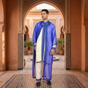Qamis bleu en soie pour homme, manches longues, longueur ras du sol, col brodé, infroissable, traditionnel, élégant, coupe ample, pour la prière africaine - Product Image 3