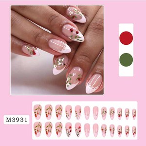 <span class=keywords><strong>Uñas</strong></span> postizas francesas con diseño <span class=keywords><strong>de</strong></span> fresa y almendra, estilo INS, tamaño mediano, para manicura europea y americana. - Product Image 2