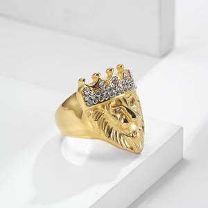 Cross border 2023 berlian bertatahkan singa raja cincin baja tahan karat untuk pria baja tahan karat berlapis 18 karat emas hiohop cincin tarik - Product Image 1