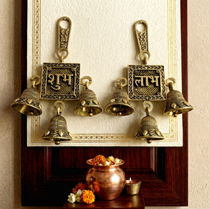 Brass Shubh Labh Wall Hanging Bells | Handmade Brass Door Hanging | Traditional Indian Home Decor for Diwali Living Room - Product Image 1