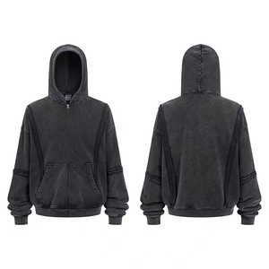 Ropa de calle personalizada bordada peso pesado sol desteñido <span class=keywords><strong>Zip</strong></span> up lavado ácido sudadera con diamantes de imitación Boxy recortada angustia sudaderas con capucha para hombres - Product Image 1