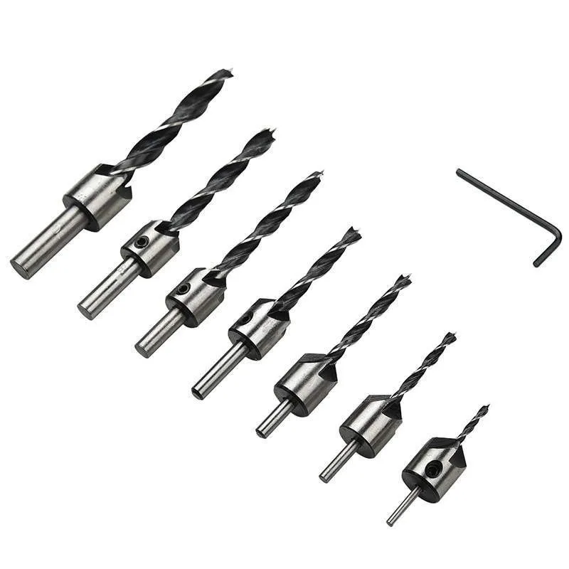 3mm-10mm 7pcs mộc khoan lổ chế biến gỗ chamfer Ba chìm khoan bit thiết lập với kết thúc phay