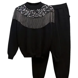Женский трикотажный комплект из 2 предметов, черный свитер с круглым вырезом и бахромой со стразами