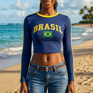 Custom Logo Brazilcore <b>Aesthetic</b> Women Long Sleeve Crop <b>Top</b> Brazil Logo Print Y2K Vintage Sports Style Streetwear Tee - Product Image 1