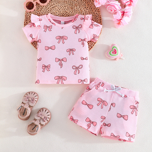 Conjunto de Dos Piezas con Lazo para Bebés Niñas, Ropa Casual de Verano, Transpirable, con Mangas Cortas con Volantes y Estampado de Lazos - Product Image 1