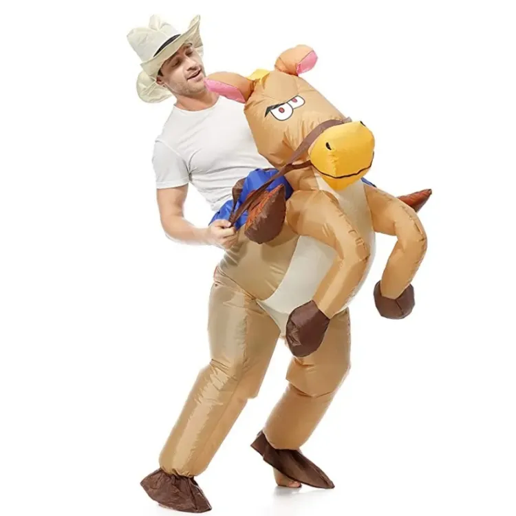 Traje inflável divertido barato para cavalo com chapéu para adultos e crianças, traje inflável personalizado