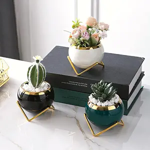 Potes de plantas de cerâmica com suporte de metal, mini plantador de flores suculentas criativas nórdicas com suporte de metal
