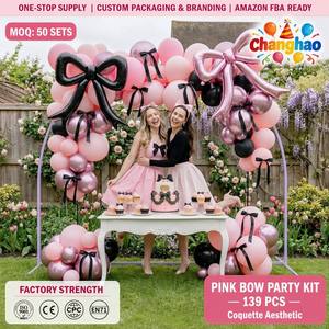 Lot de 139 ballons en aluminium noirs et roses à nœuds creux, guirlande de ballons pour fête d'anniversaire féminine, accessoires photo pour <span class=keywords><strong>camping</strong></span> en extérieur - Product Image 1